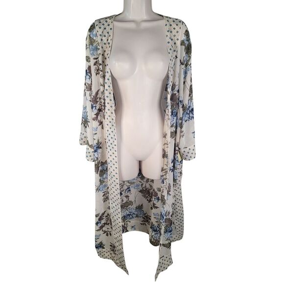Romans Womens Plus Size 28W Ivory Kimono Duster Floral Extra Long‎ Boho - Picture 2 of 6